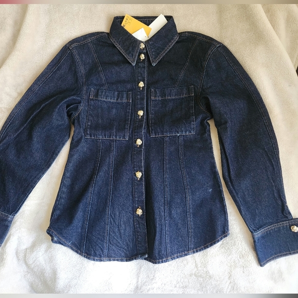 H&M defined-Waist Denim Shirt Gold Buttons- Dark Denim Blue BNWT - Picture 13 of 16